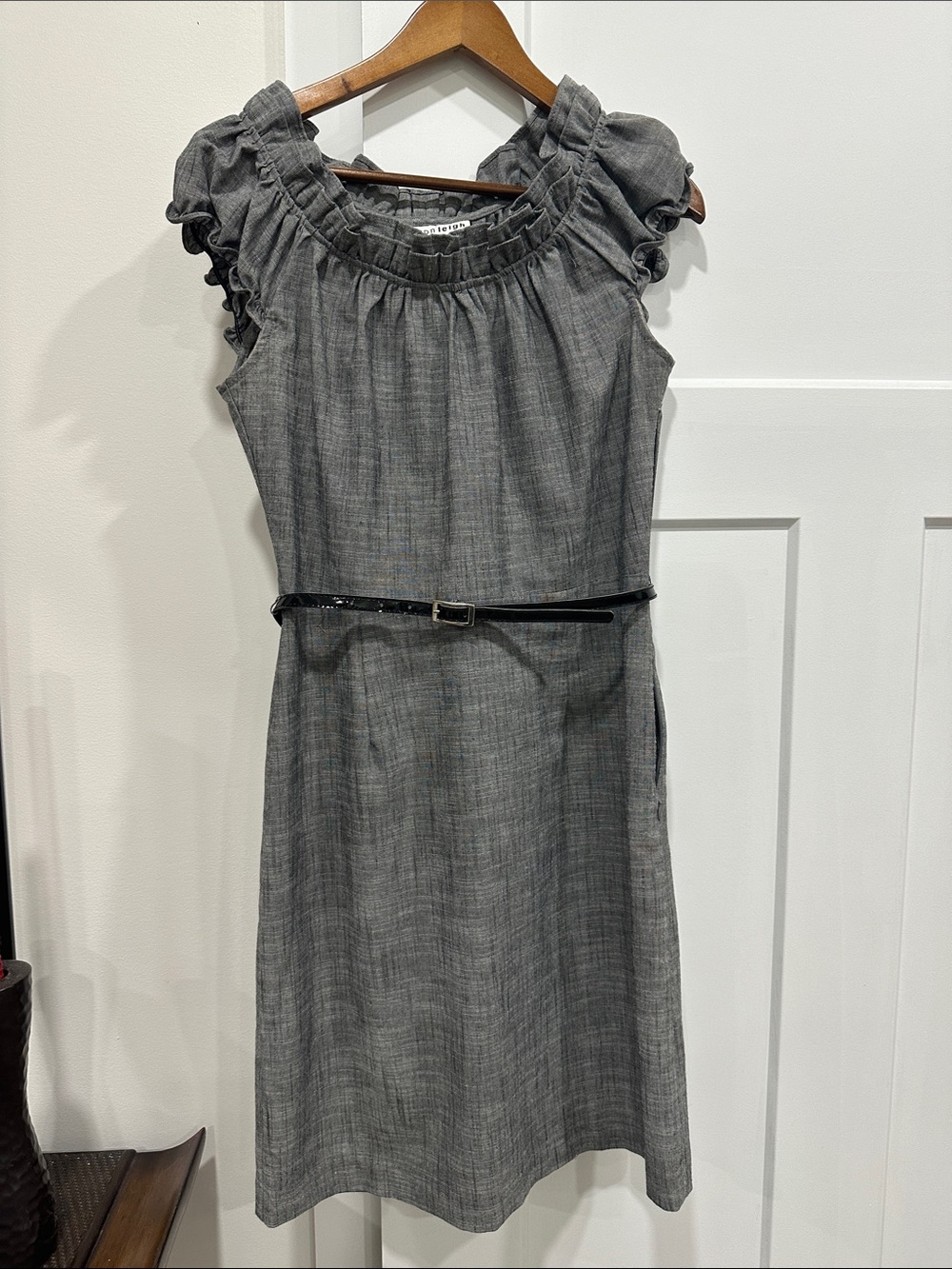 madison leigh Gray Ruffled Cap Sleeve Belted Midi Dress